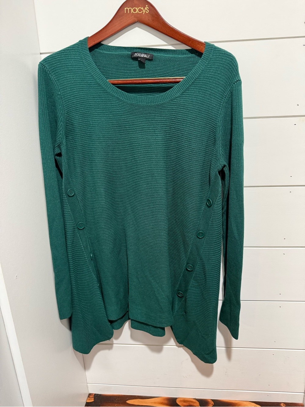 Roz & Ali Teal Ribbed Long-Sleeve Button-Accent Sweater